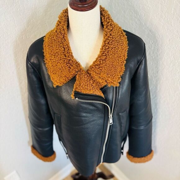 Rebecca Minkoff Faux Shearling Vegan Leather Moto Jacket, Black/Brown, Large NWT - Picture 7 of 16